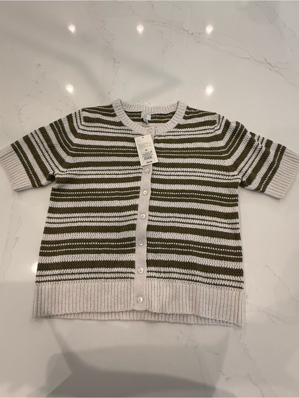 NWT “a new day” Olive & White Striped Short-Sleeve Cardigan